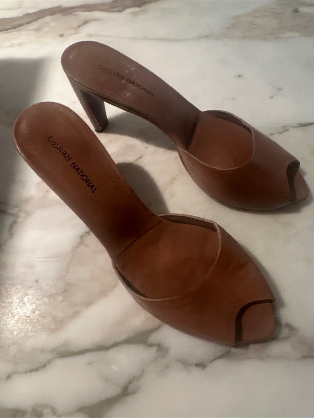 CNC Costume National Tan Brown Leather Peep-Toe Mules